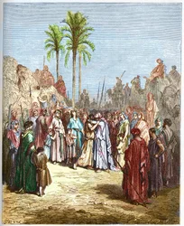 Megbékélés Jákob és Ézsau között - Jákob és Ézsau megbékélése Genese, XXXIII, 4 - - Metszet Gustave Dore (1832-1883) „Biblia illusztrációjából” - Metszet „A Dore Bibliából””