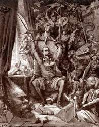 Don Quijote ábrázolása könyvtárában, könyvei lényeitől körülvéve. Gustave Doré (1832-1883) metszete Miguel de Cervantes (1547-1616) „Az elmés nemes Don Quijote de la Mancha (Quixote - Quijote)” című művéhez, 1863, magángyűjtemény
