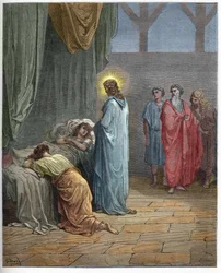 Jairus leányának feltámasztása - Jairus leányának feltámasztása (Jézus feltámasztja Jairus leányát) - metszet Gustave Doré (1832-1883) „Az illusztrált Biblia” című művében - metszet „A Doré-bibliá”-ból