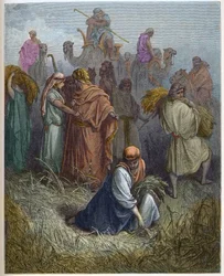 Ruth és Boáz (Booz) - Ruth Boaz (Boaz) mezőin dolgozik (Ruth és Boaz) - - metszet Gustave Dore (1832-1883) „The Bible illustree”-be - Metszet a „Dore Bibliából”