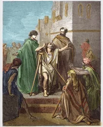 Szent Péter és Szent János pengét gyógyító - A sánta Guerisonja - Szent Péter, Szent János kíséretében, csodával határos módon harcolt egy sánta emberrel Jeruzsálemben - - Gustave Dore (1832-1883) „The Bible illustree”-be vésve - Metszet a „ "A Dore Biblia