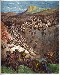 Sámson fenék állcsontjával pusztítja el a filiszteusokat - Sámson szamárpofával öli meg a filiszteusokat - - Gustave Dore (1832-1883) "" The Bible illustree" -be vésve - Metszet a "" The Dore Bibliából""