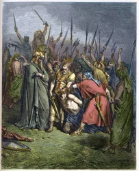 Sámuel megöli Agágot - Agág, az amálekiták királyának lefejezése Sámuel próféta által - metszet Gustave Doré (1832-1883) „Illusztrált Biblia” című művében - metszet a „Doré Bibliából”
