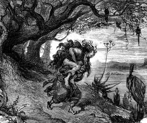 Szindbád a tengerész (Szindbád) - Az ezeregy éjszaka története (1001) - Gustave Dore illusztrációja (részlet) - Maxwell kiadás 1865 - Ötödik utazás: Szindbád kénytelen a vállán viselni egy öregembert, aki belekapaszkodik, és akitől nem tud többé megszabadu