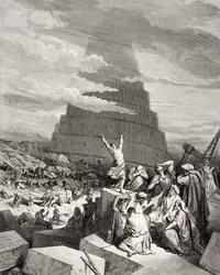 A nyelvek összezavarása, Teremtés könyve 11:7-9, illusztráció Doré «A Szent Biblia» című művéből, Maurand metszete, 1866