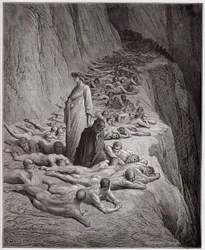 Isteni színjáték, Purgatorio, 19. ének: A fösvények lelkei: V. Adorján Dantéhoz beszél - Dante Alighieri (1265-1321) műve - Gustave Doré (1832-1883) illusztrációja