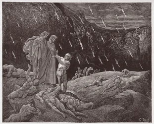 Isteni színjáték (La Divina Commedia, La Divine Comédie), Pokol, 15. ének: Brunetto Latini megszólítja Dantét - Dante Alighieri (1265-1321) műve - Gustave Doré (1832-1883) illusztrációja