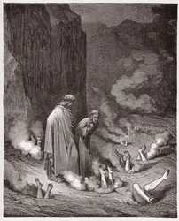Isteni színjáték, Pokol, 19. ének: Dante megfeddi III. Miklós pápát a negyedik bolgiában - Dante Alighieri (1265-1321) műve - Gustave Doré (1832-1883) illusztrációja