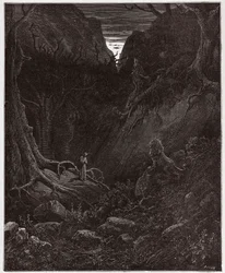 Isteni színjáték, Pokol, 1. ének: az oroszlán hirtelen szembeszáll Dantéval - Dante Alighieri (1265-1321) műve - Gustave Doré (1832-1883) illusztrációja