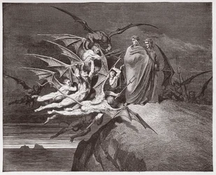 Isteni színjáték, Pokol, 21. ének: A démonok megfenyegetik Vergiliust - Dante Alighieri (1265-1321) műve - Gustave Doré (1832-1883) illusztrációja