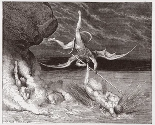 Isteni színjáték, Pokol, 22. ének: Ciampolo megmenekül Alichino démon elől az ötödik bolgiában - Dante Alighieri (1265-1321) műve - Gustave Doré (1832-1883) illusztrációja