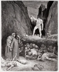 Az Isteni színjáték (La Divina Commedia, La Divine Comédie), Pokol, 28. ének: Bertrand de Born levágott feje Dantéhoz beszél - Dante Alighieri (1265-1321) műve - Gustave Doré (1832-1883) illusztrációja