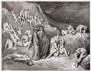 Az Isteni színjáték (La Divina Commedia, La Divine Comédie), Pokol, 29. ének: A viszketéstől gyötört hamisítók és csalók - Dante Alighieri (1265-1321) műve - Gustave Doré (1832-1883) illusztrációja
