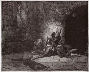 Az isteni színjáték (La Divina Commedia, La Divine Comedie), Pokol, 33. ének: Gaddo apja szeme láttára hal meg - Dante Alighieri (1265-1321) - Illusztráció: Gustave Dore (1832-1883)