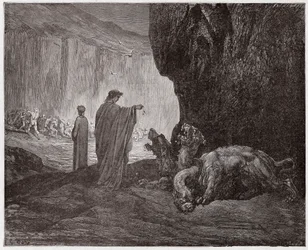 Isteni színjáték, Pokol, 6. ének: Vergilius a harmadik körben eteti Kerberoszt - Dante Alighieri (1265-1321) műve - Gustave Doré (1832-1883) illusztrációja