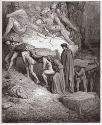 Isteni színjáték, Purgatórium, 11. ének: A gőgösök lelkei, akik nehéz köveket cipelnek - Dante Alighieri (1265-1321) műve - Gustave Doré (1832-1883) illusztrációja