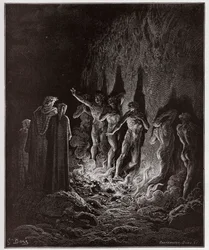 Isteni színjáték, Purgatorio, 25. ének: A kéjencek tűzön haladnak át a hetedik körben - Dante Alighieri (1265-1321) műve - Gustave Doré (1832-1883) illusztrációja
