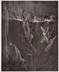 Isteni színjáték, Purgatorio, 25. ének: Vergilius és Dante lángokon át emelkednek a hetedik körbe - Dante Alighieri (1265-1321) műve - Gustave Doré (1832-1883) illusztrációja