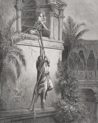 Dávid menekülése az ablakon keresztül, illusztráció Dore „The Holy Bible” című művéből, 1866