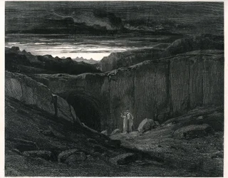 Dante Alighieri Pokla az Isteni színjátékból, Gustave Doré illusztrációival. 1861-es francia kiadás. Dante és Vergilius a Pokol bejáratánál: „Ki itt belépsz, hagyj fel minden reménnyel”, 3. ének, 9. sor.