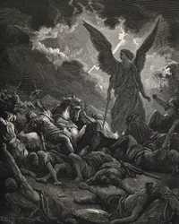 A Szent Biblia. 1866. SENNACHERIB (Kr. e. 705-681). Asszír király (Kr. e. 705-681). Jahve angyala Szanherib seregéből. Metszés
