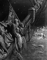 A matróz a kígyókat nézi az óceánban, jelenet S. T. Coleridge „The Rime of the Ancient Mariner” című művéből, kiadta a Harper and Brothers, New York, 1876