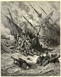 "A lepantói tengeri csata" Ez hozta létre a spanyol, velencei szövetség és a pápai erők az oszmánok ellen 1571-ben Görögország előtt. Gustave Dore (1832-1883) metszete Joseph Francois Michaud "A keresztes hadjáratok története" című művéből.