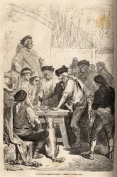A baratót követelő navaja baratero fegyvere, tiszteletdíj, amit a titkos játékok mennyiségére ró ki. Gustave Dore (1832-1883) rajza 1862-es spanyolországi utazásának illusztrálására Ch. Davillier. Metszet a „” Le tour du monde” nyelven”, szerk