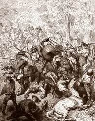 Harc a Yanguas öszvérei ellen, Gustave Dore (1832-1883) gravírozása Miguel de Cervantes (1547-1616) „The Ingenieux Hidalgo Don Quijote de la Manche (Quixotte – Quijote)” című művéért, 1863 Magángyűjtemény