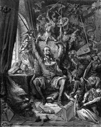 A Don Quijote felolvasása (Quixote vagy Qijote). Gustave Doré metszete, amely Miguel de Cervantes Saavedra „Az elmés nemes Don Quijote de la Mancha” (Mancha) című könyvének 1869-es Hachette-kiadását illusztrálja, Louis Viardot fordítása, 370 kompozíció