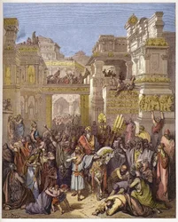 Mardochee (vagy Mordekhai vagy Mordecai) diadala - Mordokeus diadala - - Gustave Dore (1832-1883) "" The Bible illustree" -be vésve - Metszet "" A Dore Bibliából""