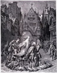 A vándorló zsidó kíváncsikkal körülvéve egy városban – Gustave Doré, a Festői Áruház könyvesboltja „A vándor zsidó legendája” című művében