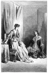 Vallombreuse letérdel Isabelle előtt, akibe szerelmes. Gustave Dore metszete Theophile Gautier "Le capitaine Fracasse" című regényének illusztrációjához, Charpentier kiadás 1863.