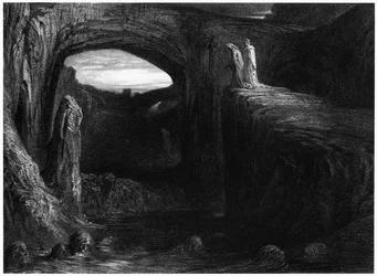 Vergilius (Kr. e. 70-19) és Dante belépnek a pokolba, illusztráció Dante Alighieri (1265-1321) „Isteni színjáték” (Pokol) című művéből, Párizs, kiadva 1885