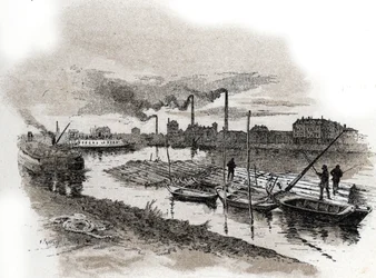 Ivry sur Seine, favonatok (fa rafting a Szajna folyón, Ivry-sur-Seine) Gustave Fraipont (1849-1923) rajza Saint-Juirs „La seine a travers Paris” című művéből rajzol