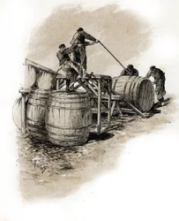Le stacking des tonneaux de vin, Bercy Paris (Dokkerek a boroshordókat rakják, Bercy, Párizs) Gustave Frainpont (1849-1923) rajza Saint-Juirs „La seine a travers Paris” című művéből merít.
