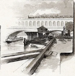 Le viaduct du point du Jour, Boulogne-Billancourt (Kilátás a Point du jour kerület viadukt hídjára, Boulogne Billancourt) Gustave Fraipont (1849-1923) rajza Saint-Juirs-ból