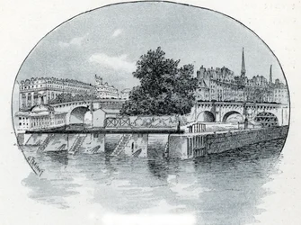 Kilátás a Monnaie zsilipjére, a párizsi Hotel des Monnaie előtt Gustave Fraipont (1849-1923) rajza Saint-Juirs „La seine a travers Paris” című művéből.