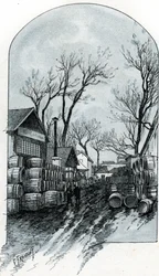 Kilátás a rue de Sauternes, Bercy, Párizs raktárára (Rue de Sauternes, Bercy, Párizs) Gustave Fraipont (1849-1923) rajza Saint-Juirs „La seine a travers Paris” című rajzából