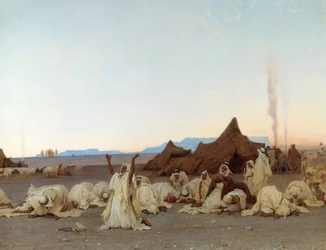 Esti ima a Szahara sivatagban. A tuareg tábor részlete. Gustave Achille Guillaumet (1840-1887) festménye, 1863. Nap. 1,3x2,8 m. Párizs, Musée d