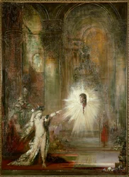A jelenés. Salomé, miután Heródes ünnepi termében táncolt, Keresztelő Szent János fejét kéri. Ujjával a próféta fejére mutat, miközben Heródiás mögötte áll. Gustave Moreau festménye