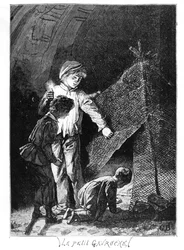 Gavroche és két testvére a Bastille elefántjában, illusztráció Victor Hugo (1802-85) «A nyomorultak» (1845-62) című művéből, kb. 1885
