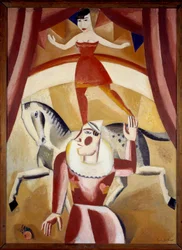 Circus III Egy akrobata Ecuyere egyensúlyban egy lovon és egy bohóc a cirkuszi pályán ad műsort. Gustave de Smet (1877-1943) festménye 1926 V. 1,3x1,1 m Grenoble, Musee des Beaux Arts Figyelem! A mű felhasználása harmadik fél engedélyéhez kötött