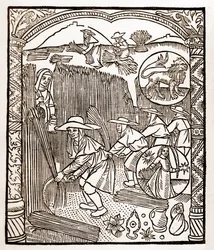 Pásztornaptár - A hónapok munkája - augusztus - Fametszet a Guy Marchant (Guido Mercator) által Troyes-ban nyomtatott 1496-os könyvből - Fametszet a „Le grand Calendrier et compost des shepherds”-ben -
