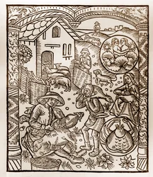 Pásztornaptár – A hónapok munkája – június – Guy Marchant (Guido Mercator) által Troyes-ban nyomtatott 1496-os könyvből fametszet – Fametszet a „Le grand Calendrier et compost des shepherds”-ben”