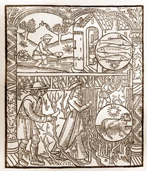 Pásztornaptár - A hónapok munkája - március - Fametszet a Guy Marchant (Guido Mercator) által Troyes-ban nyomtatott 1496-os könyvből - Fametszet a „Le grand Calendrier et compost des shepherds”-ben -