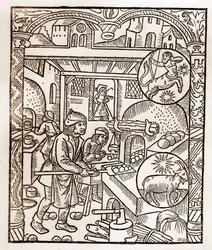 Pásztornaptár – A hónapok munkája – november – Guy Marchant (Guido Mercator) által Troyes-ban nyomtatott 1496-os könyvből fametszet – Fametszet a „” Le grand Calendrier et compost des shepherds”-ben” – Kenyérsütő