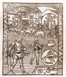 Pásztornaptár – A hónapok munkássága – szeptember – Guy Marchant (Guido Mercator) által Troyes-ban nyomtatott 1496-os könyvből fametszet – Au premier plan, des peassans sement a la volee – Fametszet a „Le grand Calendrier et compost des shepherds”-ben –