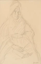 Egy asztalnál ülő Mere Poussepin dolgozószobája, 1915 körül