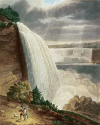 Niagara-vízesés, az amerikai vízesés része a lépcső lábától, metszett J. Hill, kocsma. H.L.Megarcy (színes metszet)